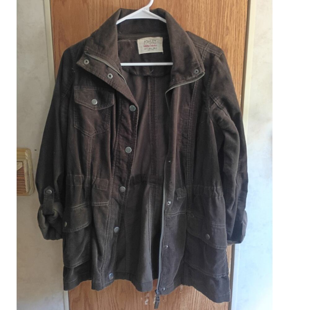 Dark Brown Cotton Field Utility Jacket Women’s Large Cinch Waist Cargo Pockets